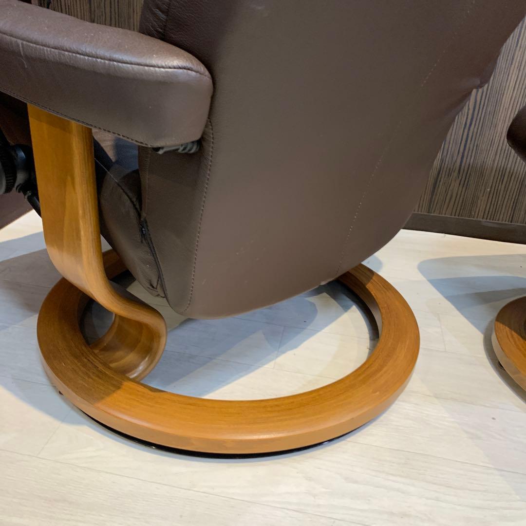 エコーネス　ブラウン レザー リクライニングチェア オットマン付き