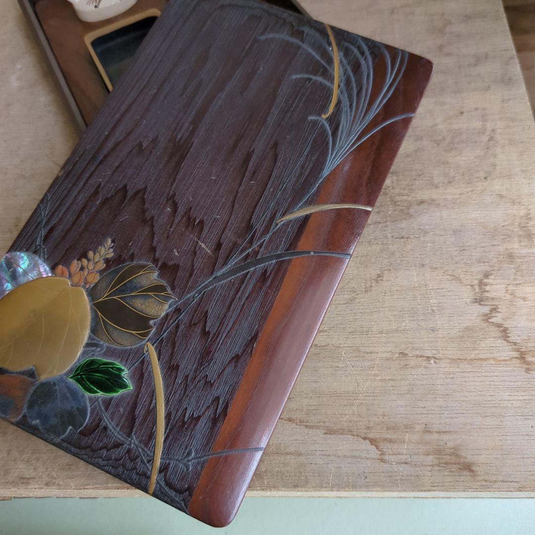 硯箱 桐の花 すすき 蒔絵 螺鈿 陶器 木製 桐 硯、水滴 筆置付 木箱 書