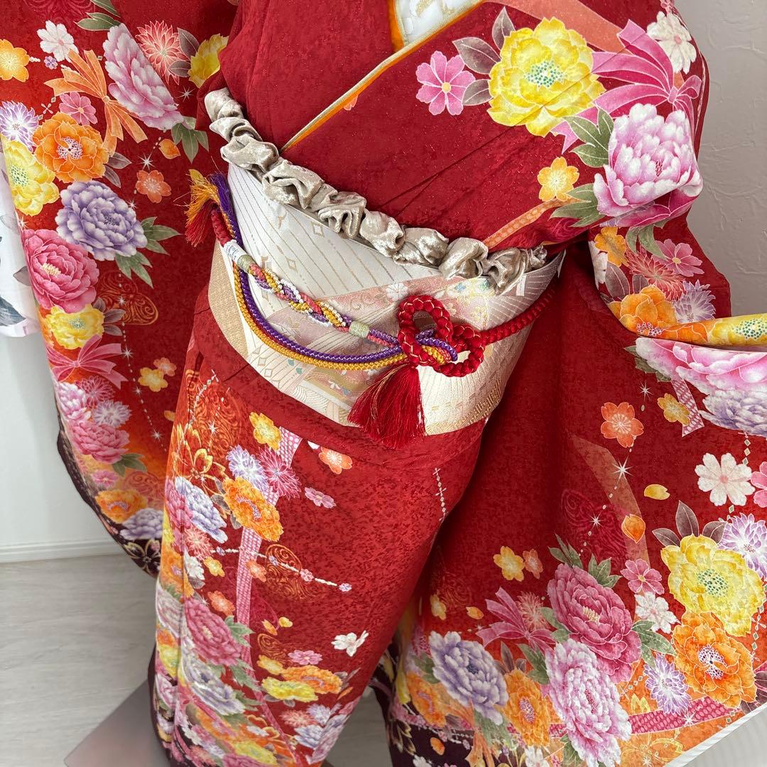 未使用に近い　正絹振袖フルセット　刺繍　金彩　銀通し　ラメオレンジ　牡丹　成人式