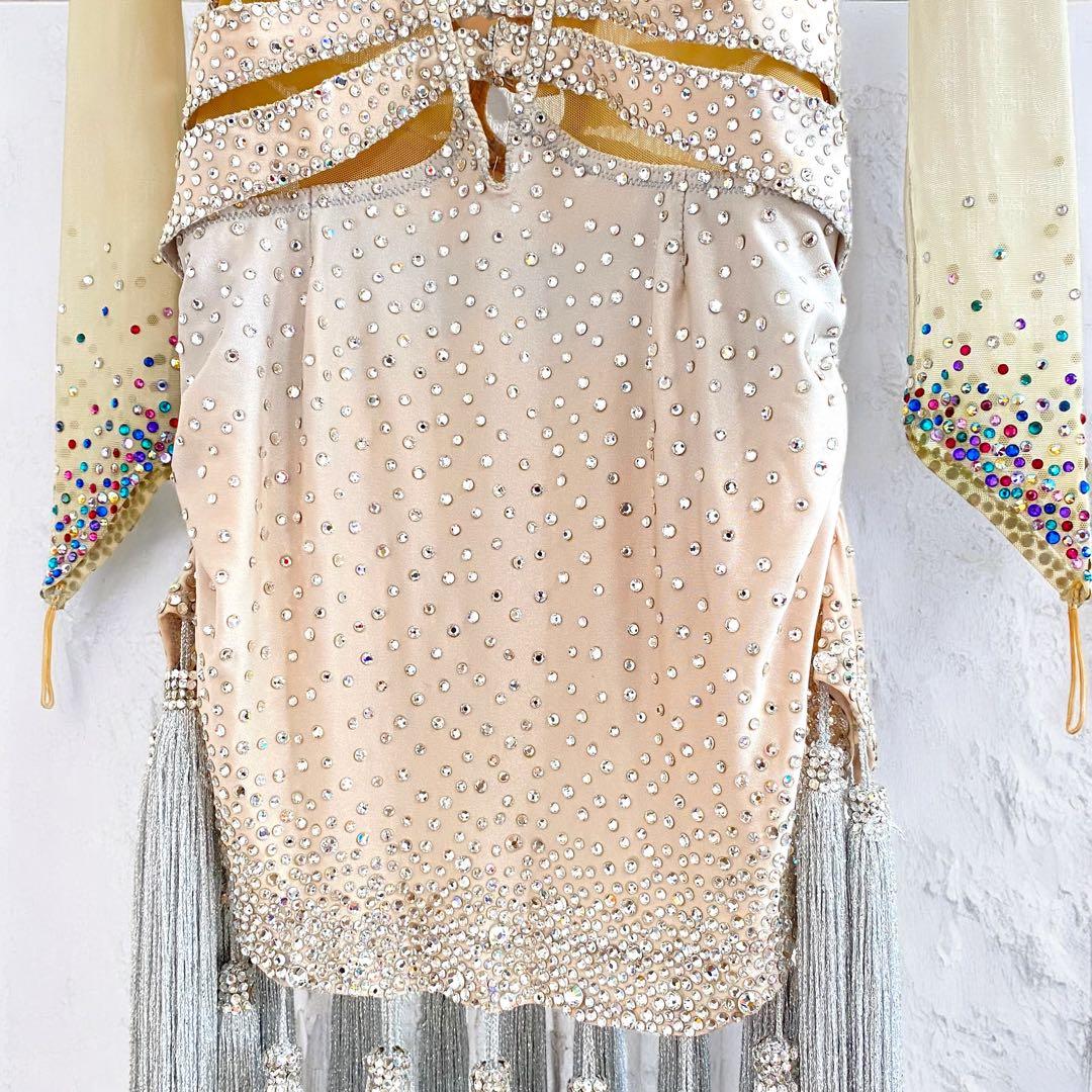 高級★シルック 社交ダンス ラテンドレス 衣装 タッセル シルバー ベージュ