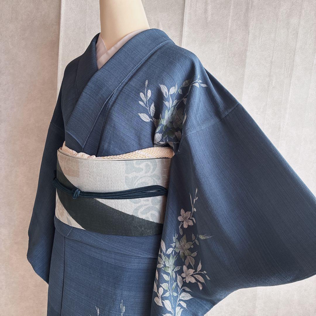 訪問着　フルセット　着物　正絹　紺色　ちりめん　凛やか草花　N3