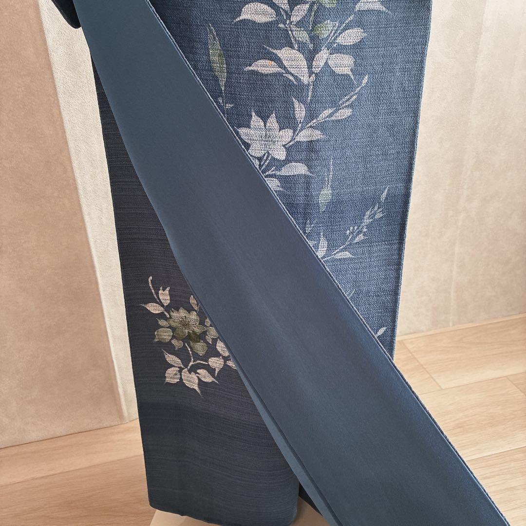 訪問着　フルセット　着物　正絹　紺色　ちりめん　凛やか草花　N3