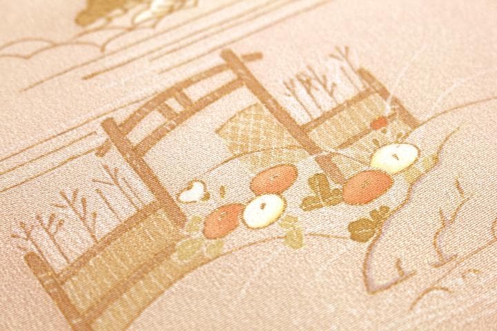 正絹　手描き　京友禅　 附け下げ　サーモンピンク系　反物