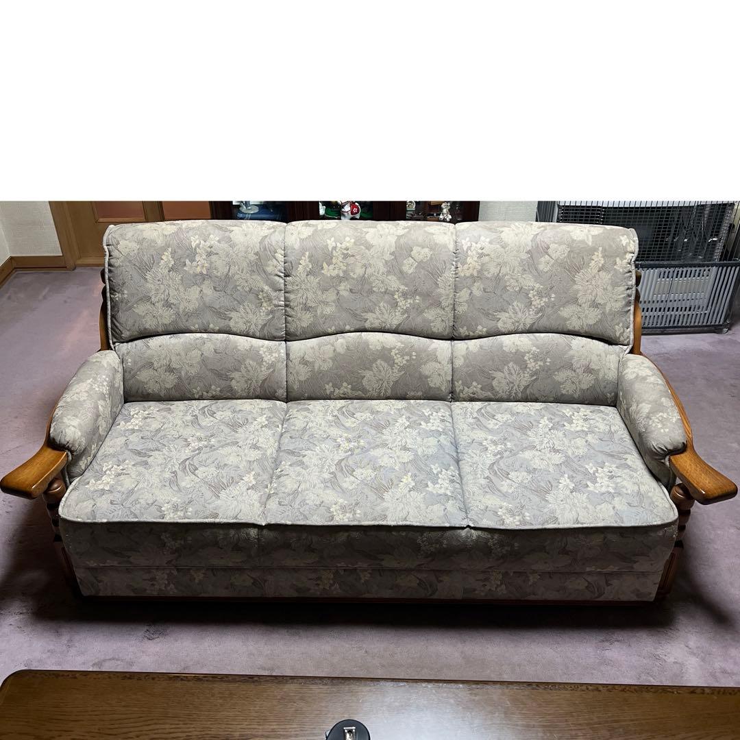 【昭和レトロ】花柄布製3人掛けソファ【アンティーク家具】