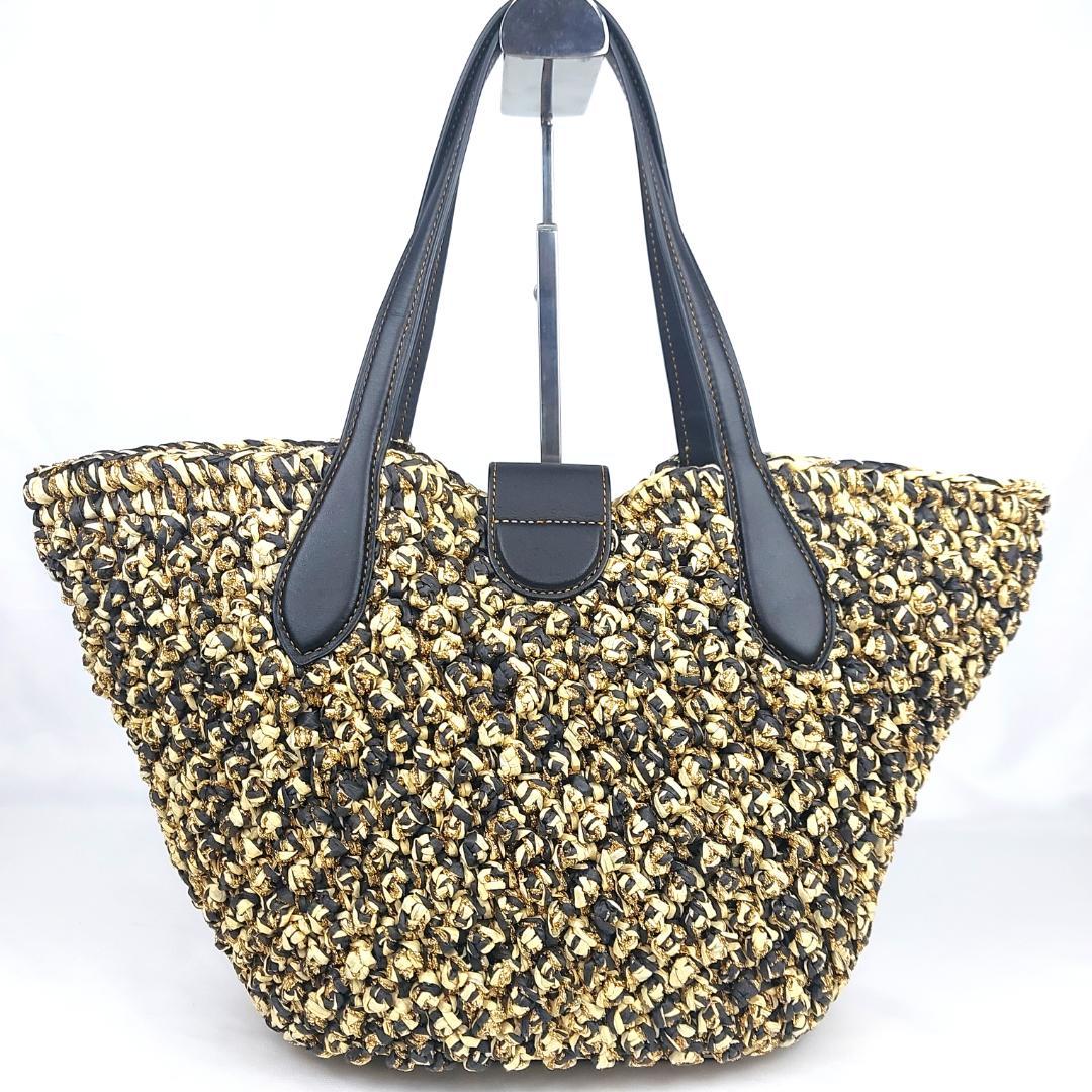 COACH コーチ トートバッグ ストロー かごバッグ スムースレザー ポーチ付