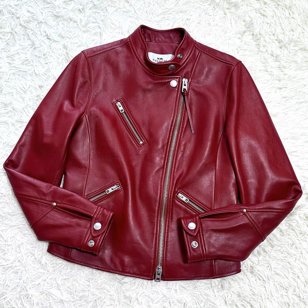 COACH シングルライダース レザージャケット 羊革 ラムレザー レッド系