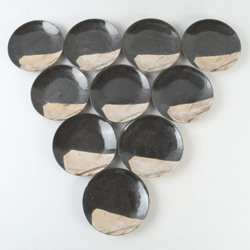 和食器　織部焼　竹里庵　葵窯　加藤春二作　草文皿　十客　共箱　V　9735