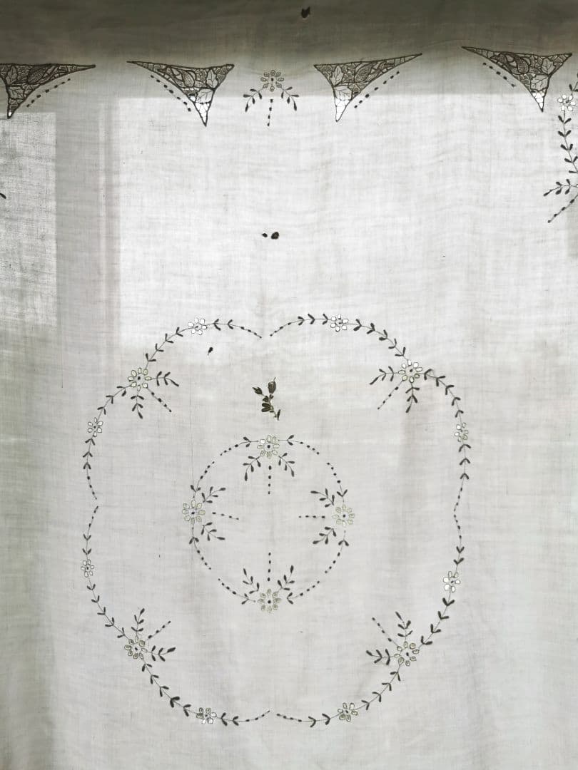 アンティーク カットワーク ニードルポイントローズ 薔薇 花刺繍リネン大判クロス