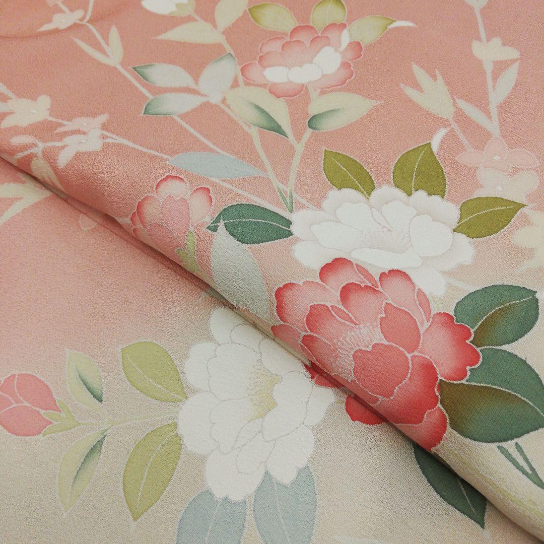 訪問着(袷)　(友禅四季の花紋様　トールサイズ裄69㌢　宍色系　一つ縫い紋)