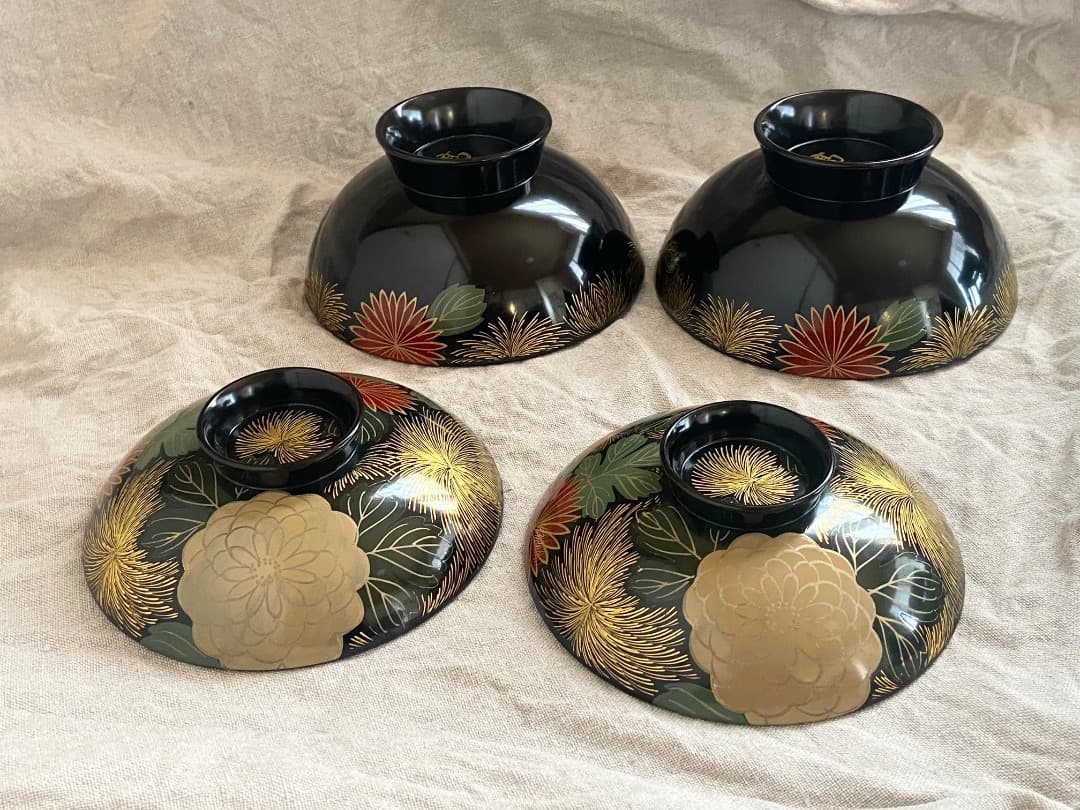 輪島塗 菊詰沈金花蒔絵 蓋付椀 2客 / 懐石椀・吸物椀・雑煮椀