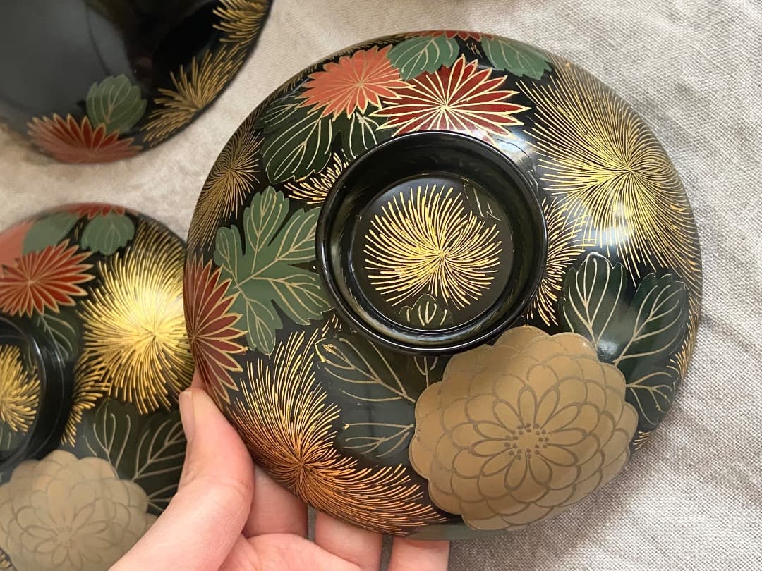 輪島塗 菊詰沈金花蒔絵 蓋付椀 2客 / 懐石椀・吸物椀・雑煮椀