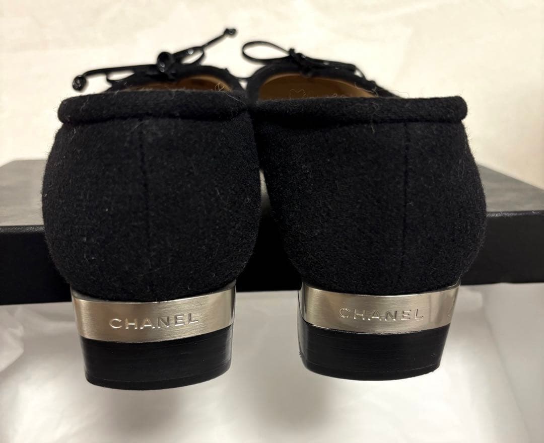 美品　CHANEL 36.5 黒 リボン　パンプス　フラット　ヒールシャネル