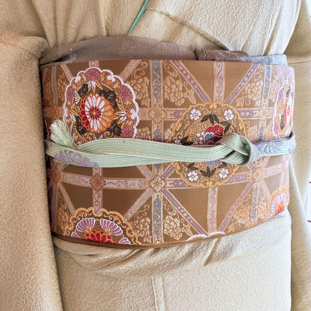 色無地　フルセット　着物　正絹　ロング丈　比翼仕立　グリーン系　瑞寶　落款　G7