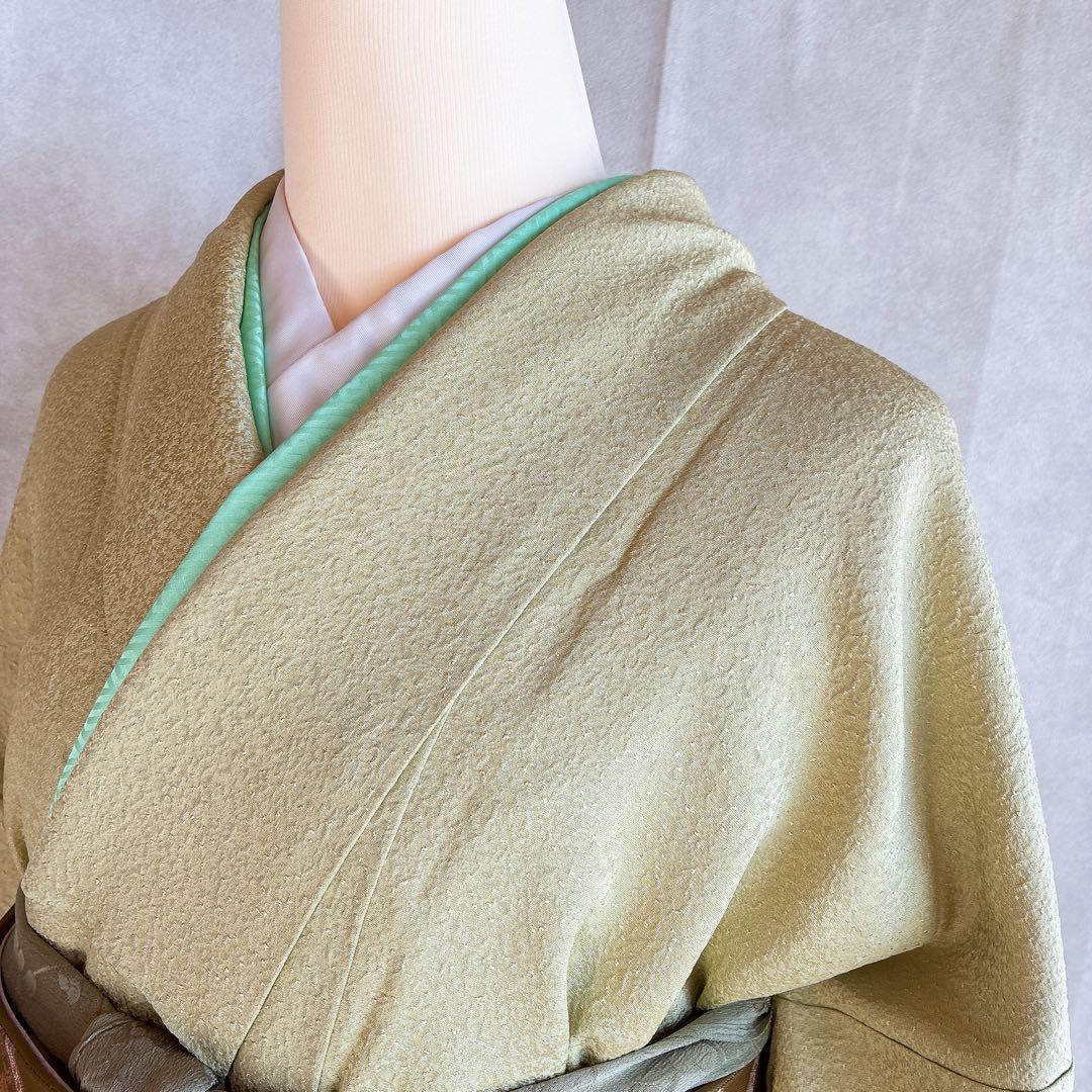 色無地　フルセット　着物　正絹　ロング丈　比翼仕立　グリーン系　瑞寶　落款　G7