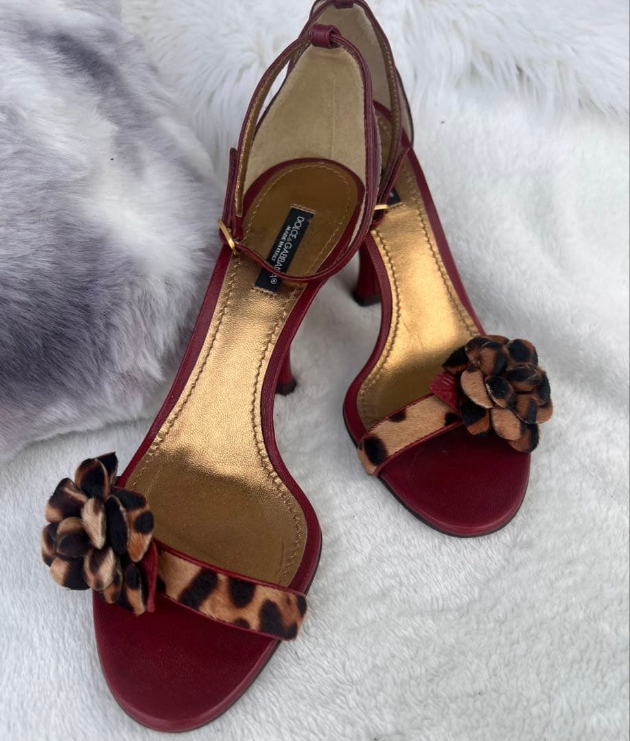 DOLCE&GABBANA サイズ38ワインレッド×レオパード サンダル