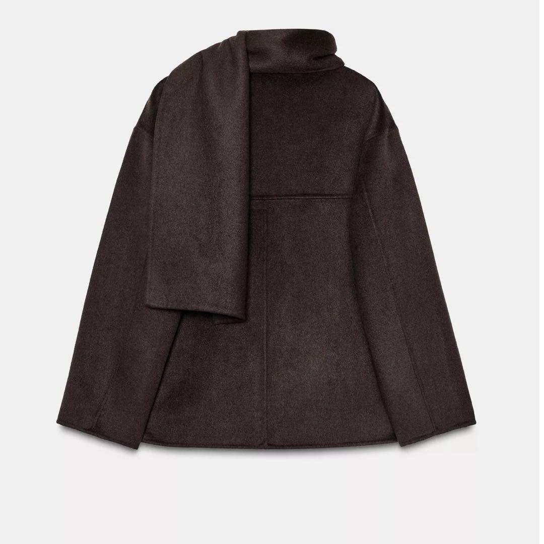 ZARA ウールショートスカーフコート Sサイズ 新品タグつき ブラウン