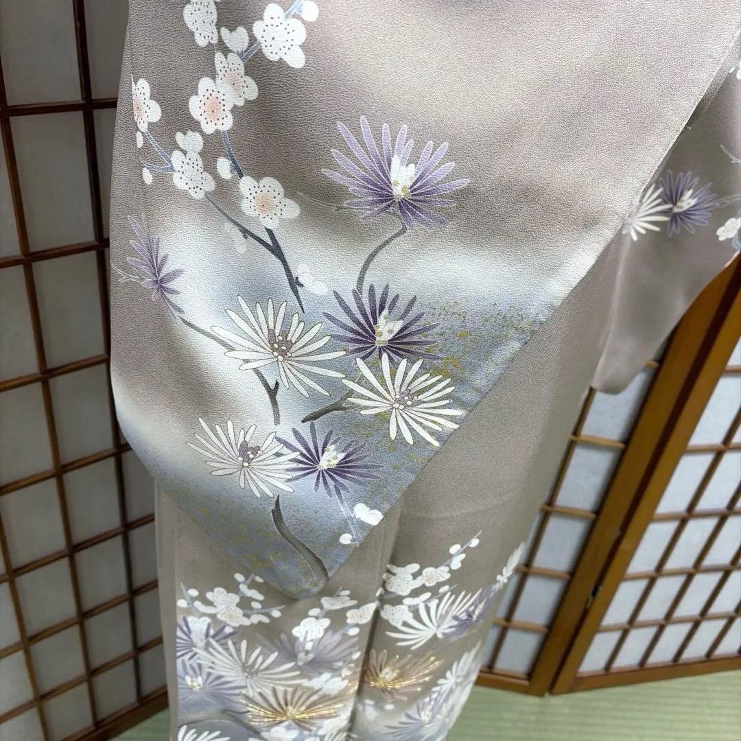 正絹　付け下げ　友禅染《金彩　金駒刺繍　花々》
