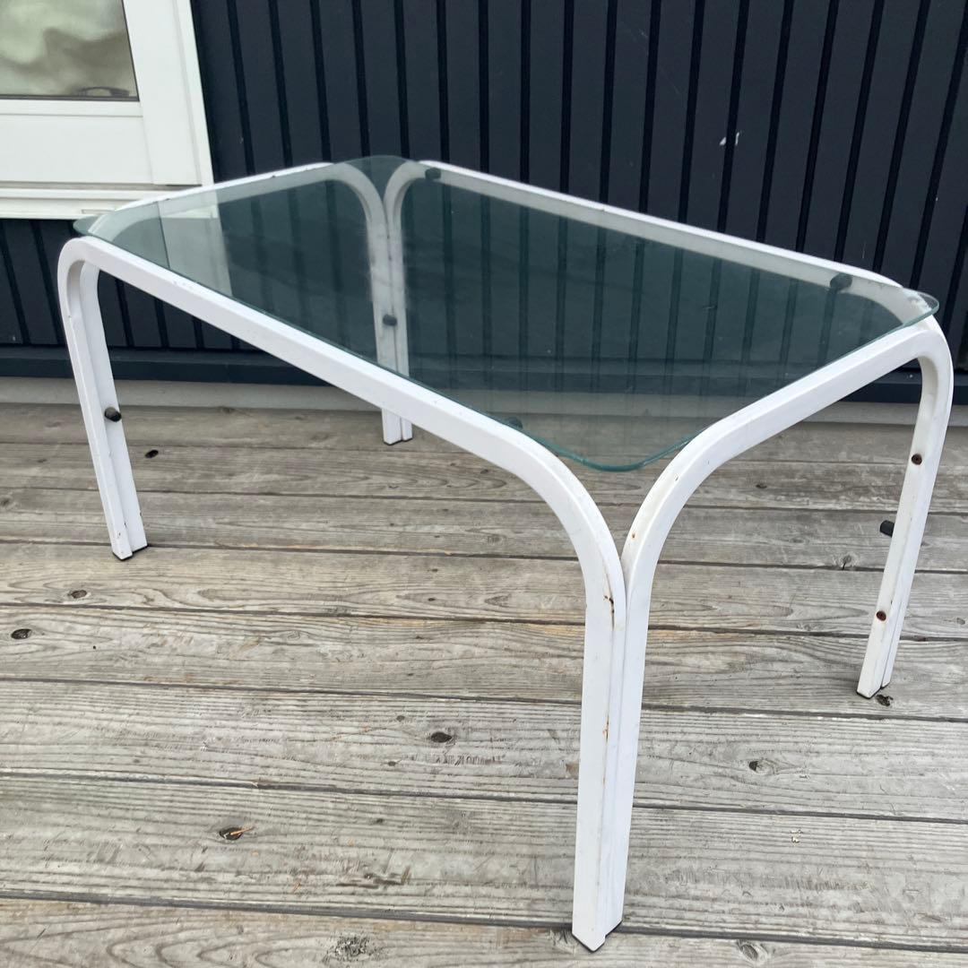 ミッドセンチュリー アイアンフレーム センターテーブル ガラステーブル 白古家具