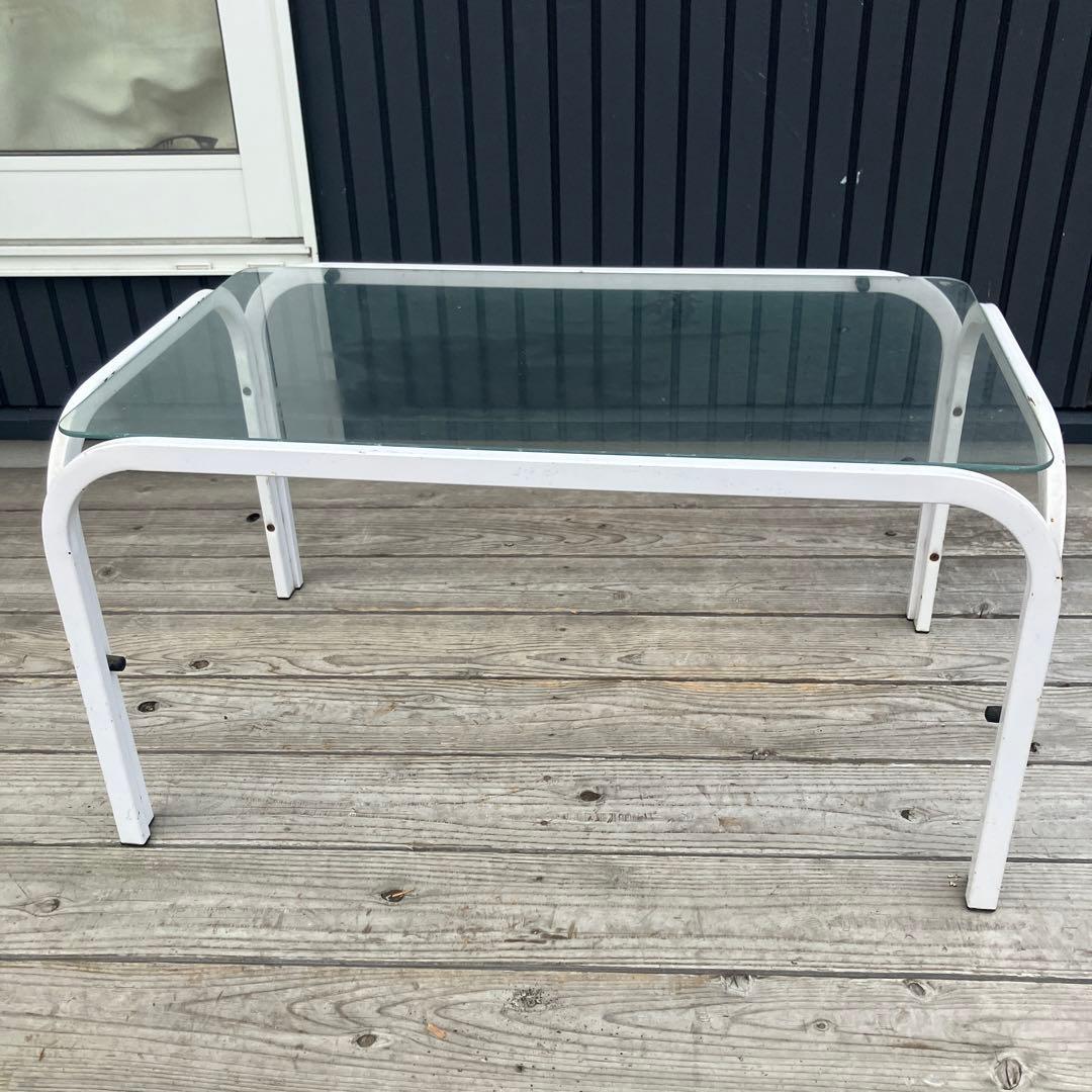 ミッドセンチュリー アイアンフレーム センターテーブル ガラステーブル 白古家具