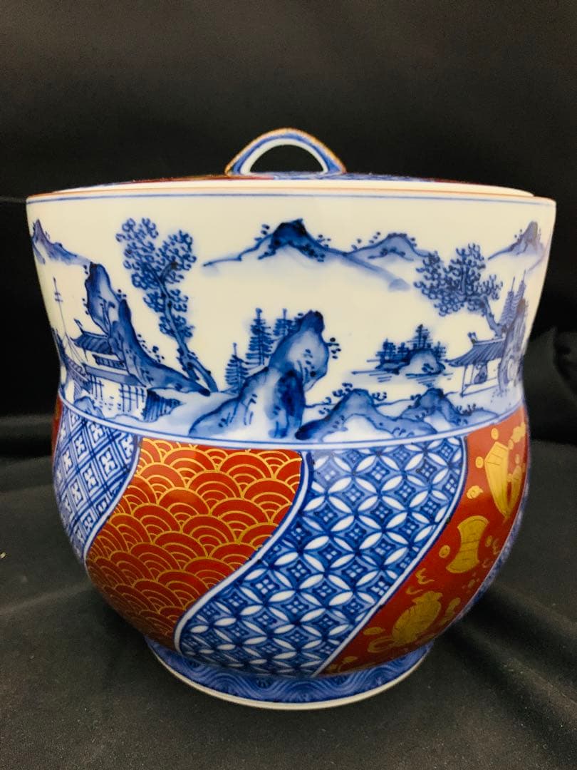 曽根幸風造　染付祥瑞金襴手水指　平安　京焼　栞黄布共箱付き