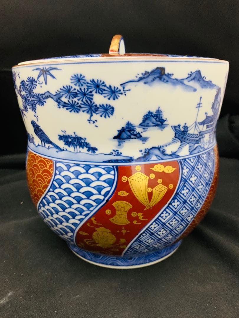 曽根幸風造　染付祥瑞金襴手水指　平安　京焼　栞黄布共箱付き