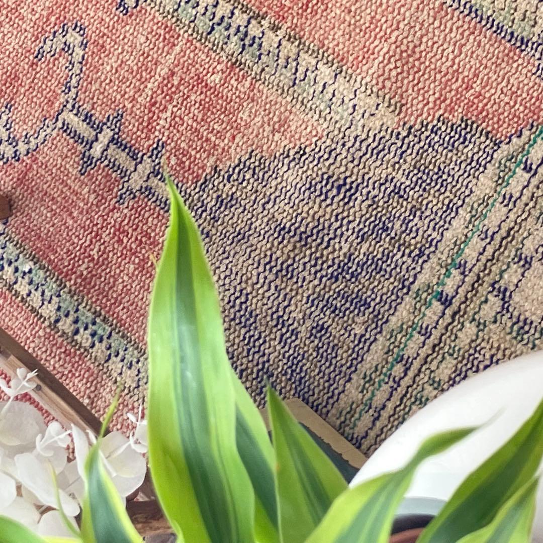 レッド✳︎グリーン　アート塔　パープル　リバーシブル　トルコヴィンテージラグ