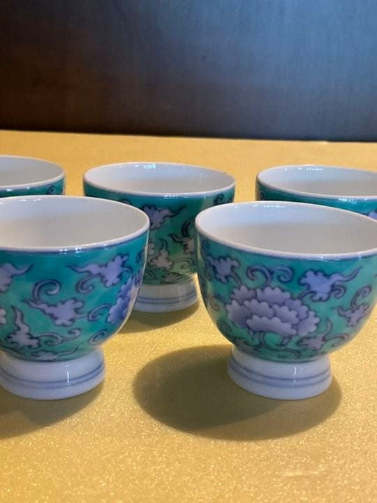 香蘭社　青華緑彩唐草文　手描き　酒器7点セット