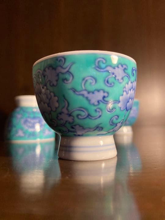 香蘭社　青華緑彩唐草文　手描き　酒器7点セット