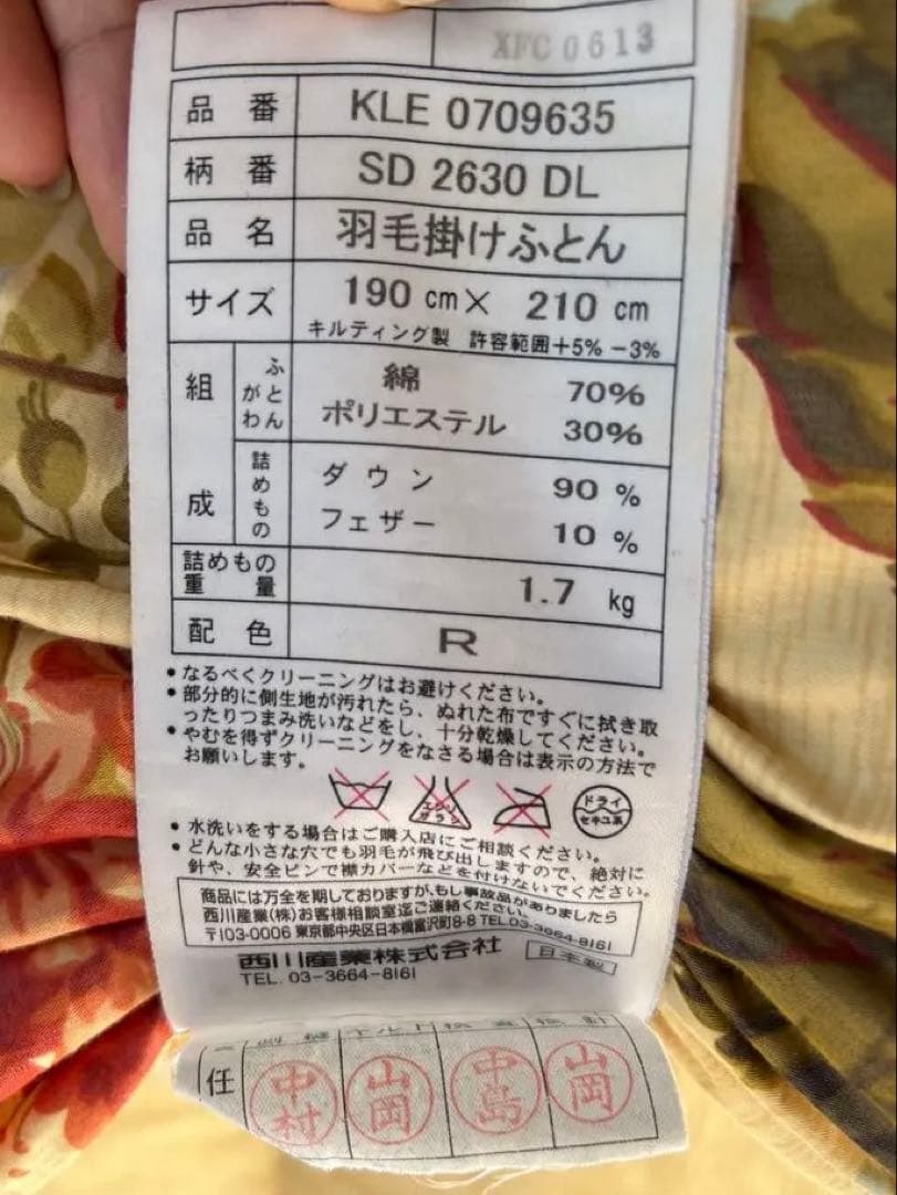 西川羽毛掛け布団　ダブルサイズ　西川産業