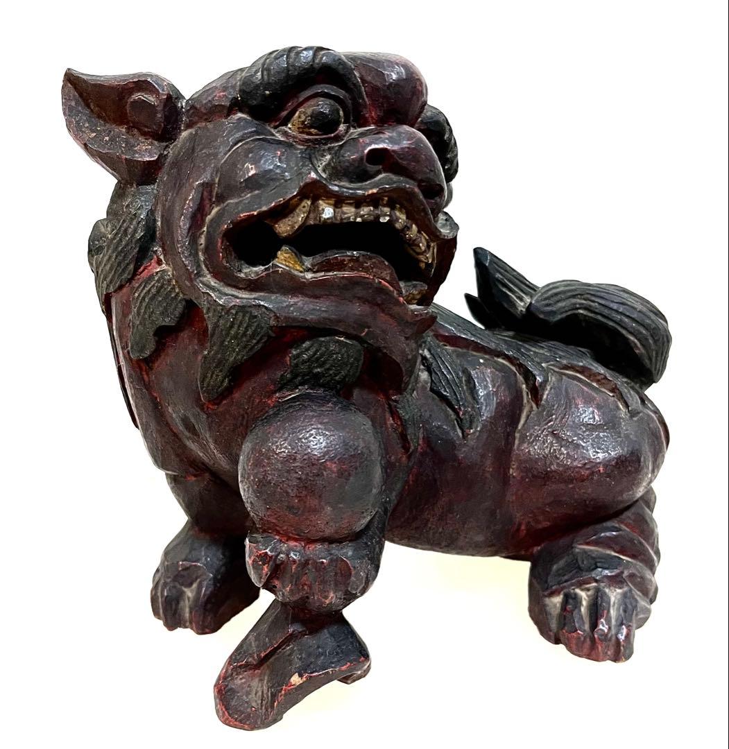 稀少珍品☆木彫置物 狛犬 獅子 シーサー 子付き・玉持ち 縁起物 魔除け