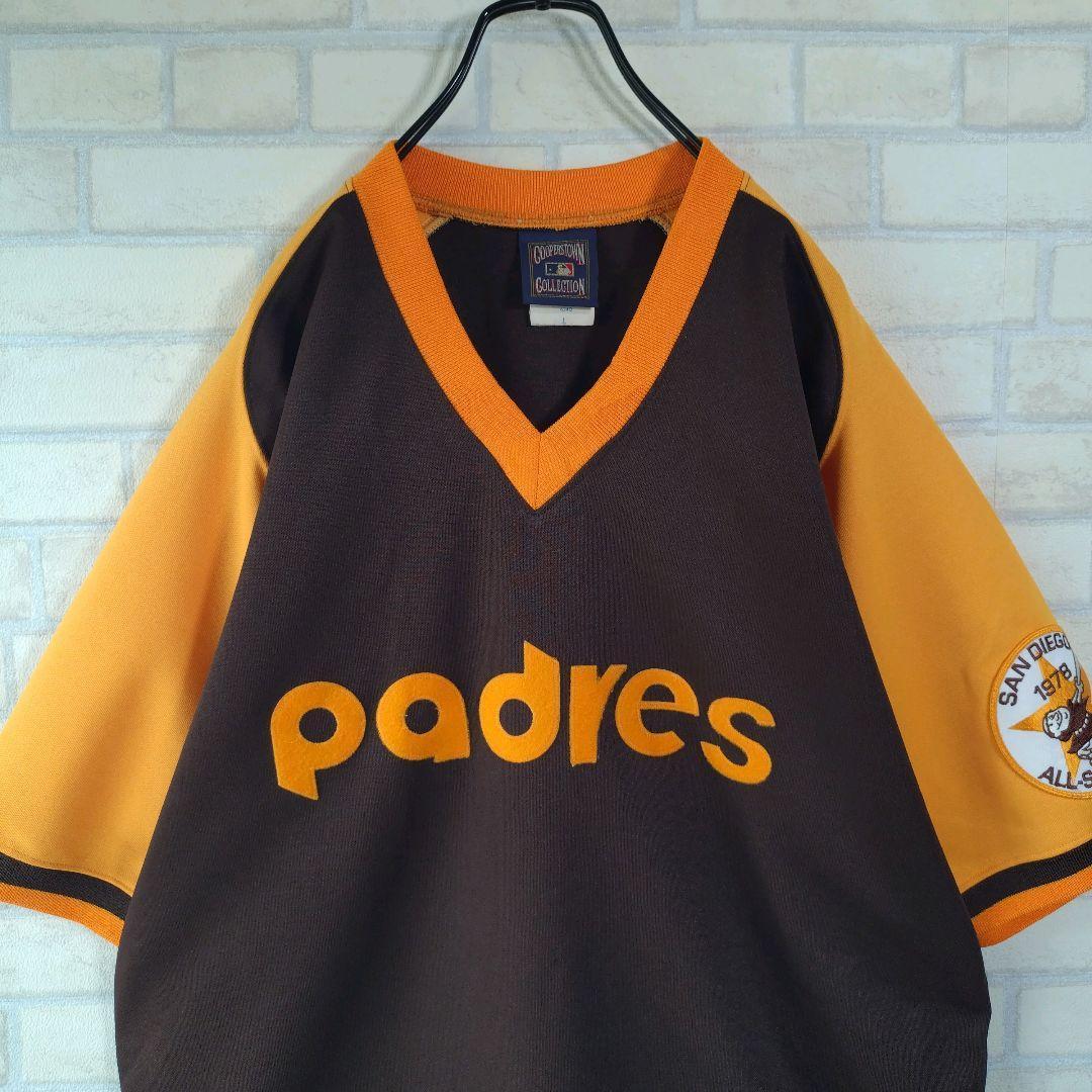 MLB★USA製 人気 パドレス 刺繍ロゴ ワッペン付 ゲームシャツ 茶 L