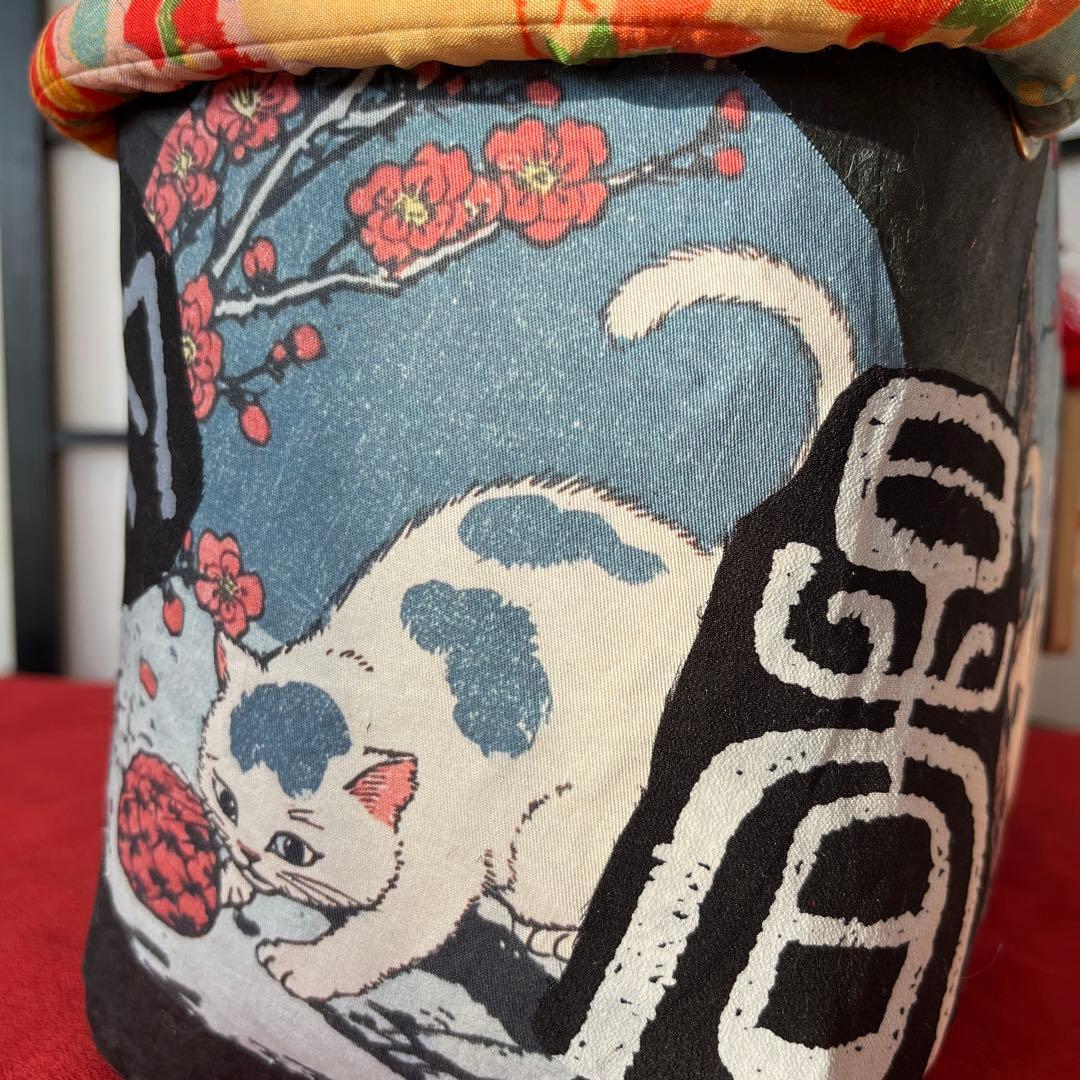 梅と猫 一閑張り バッグ かごバッグ ハンドバッグ 和猫 浮世絵 和柄 市場かご