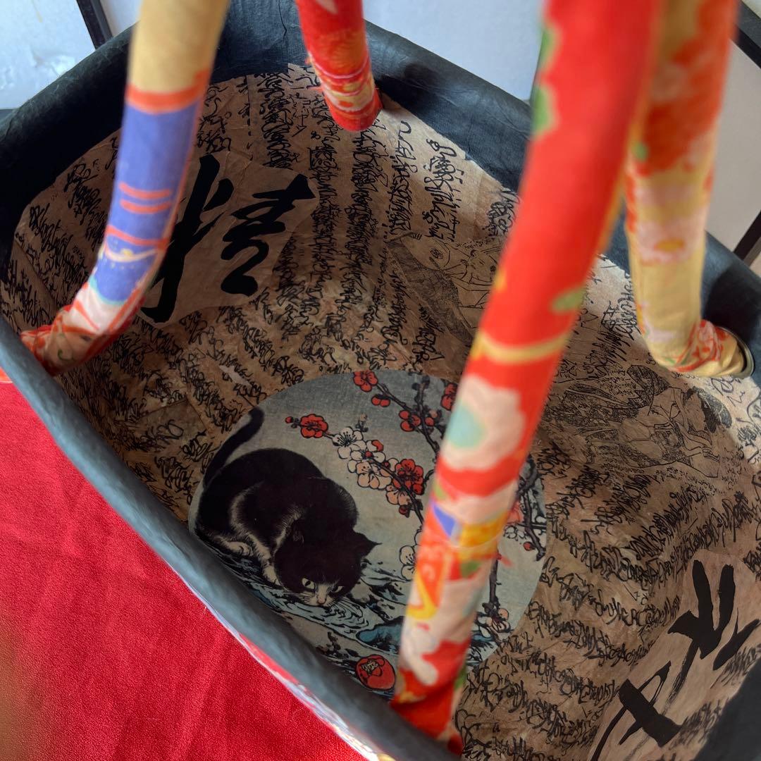梅と猫 一閑張り バッグ かごバッグ ハンドバッグ 和猫 浮世絵 和柄 市場かご
