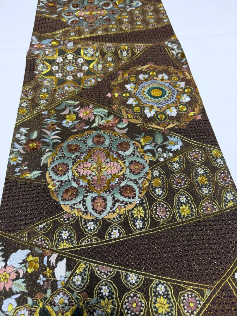 高級 袋帯 正絹 六通柄 汕頭刺繍 蘇州刺繍 相良刺繍 金通し ブラウン
