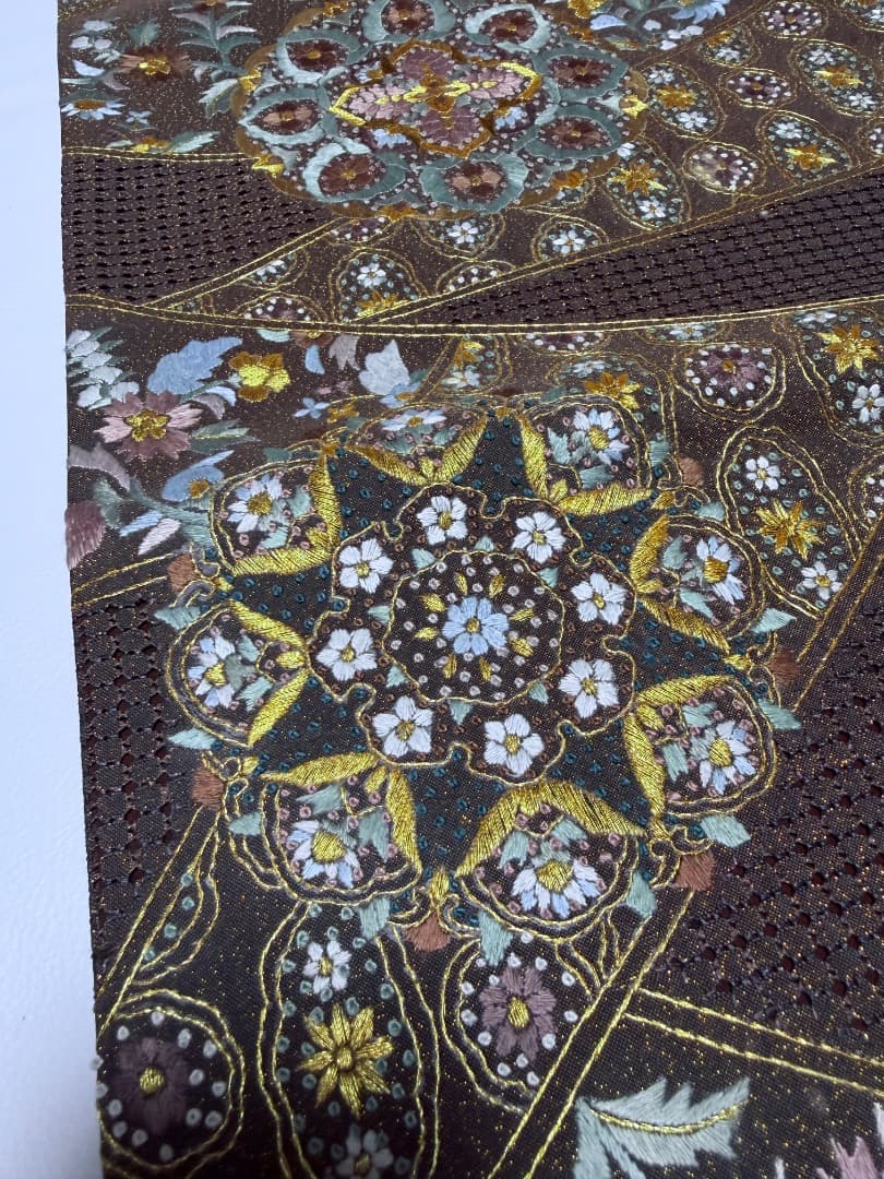 高級 袋帯 正絹 六通柄 汕頭刺繍 蘇州刺繍 相良刺繍 金通し ブラウン