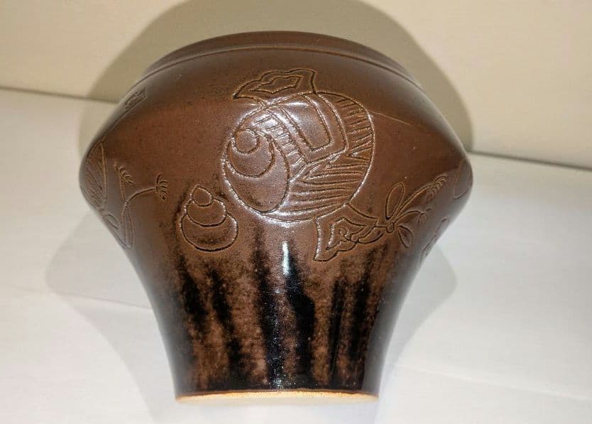 『独楽　宝尽くし』建水　膳所焼　陽炎園　茶道具　茶こぼし　茶の湯茶席茶会　共箱