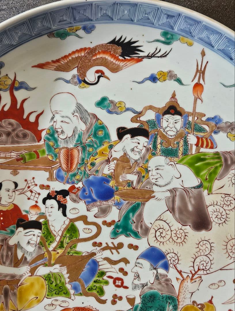 【珍品図変わり❗️】明治時代　古伊万里　錦手　金彩色絵　七福神図　唐草文様　大皿