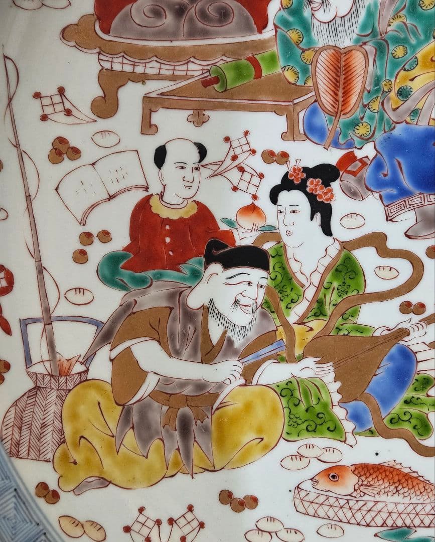 【珍品図変わり❗️】明治時代　古伊万里　錦手　金彩色絵　七福神図　唐草文様　大皿