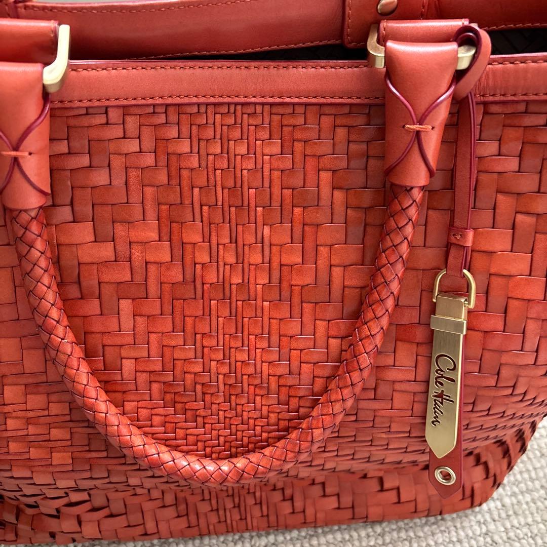 コールハンカゴ編みレザー トートバッグ オレンジ色