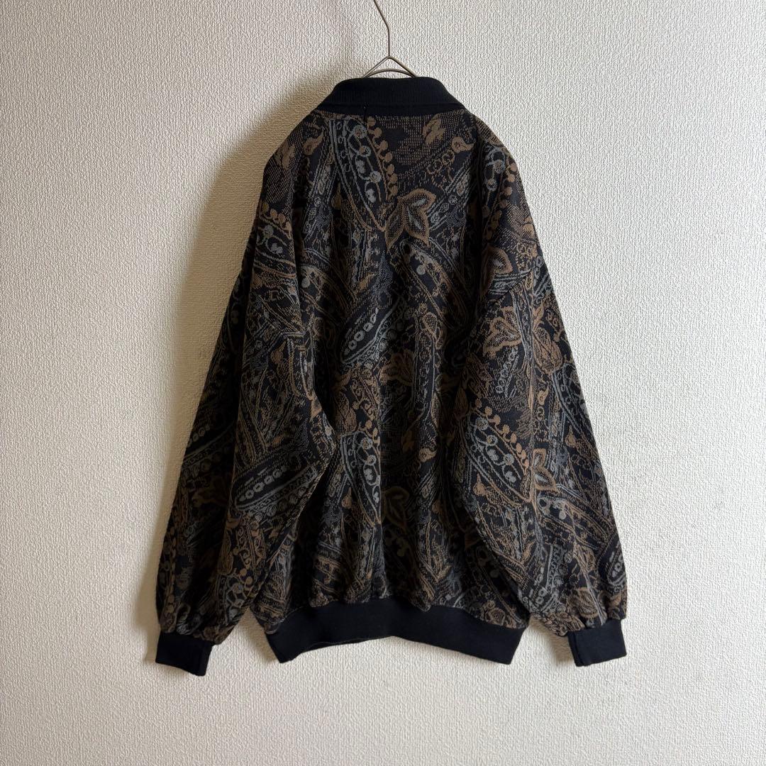 ポロニット　幾何学模様　ボタニカル　総柄　ハーフボタン　襟袖裾切替　レトロ　古着