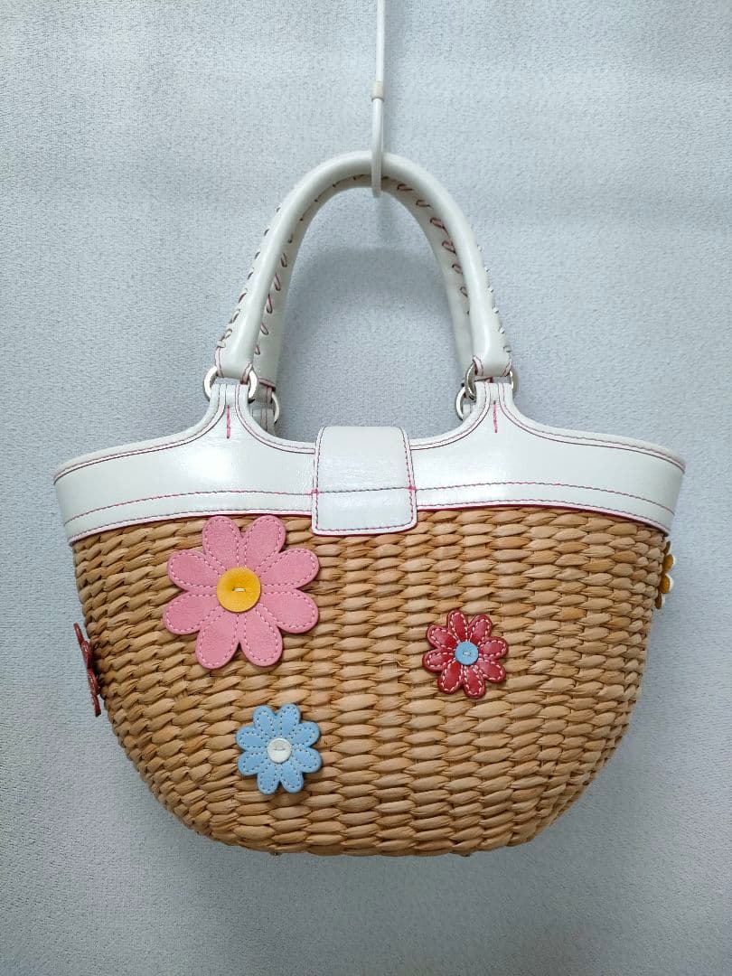 COACH コーチ フラワーモチーフ ストロー レザー かご バッグ