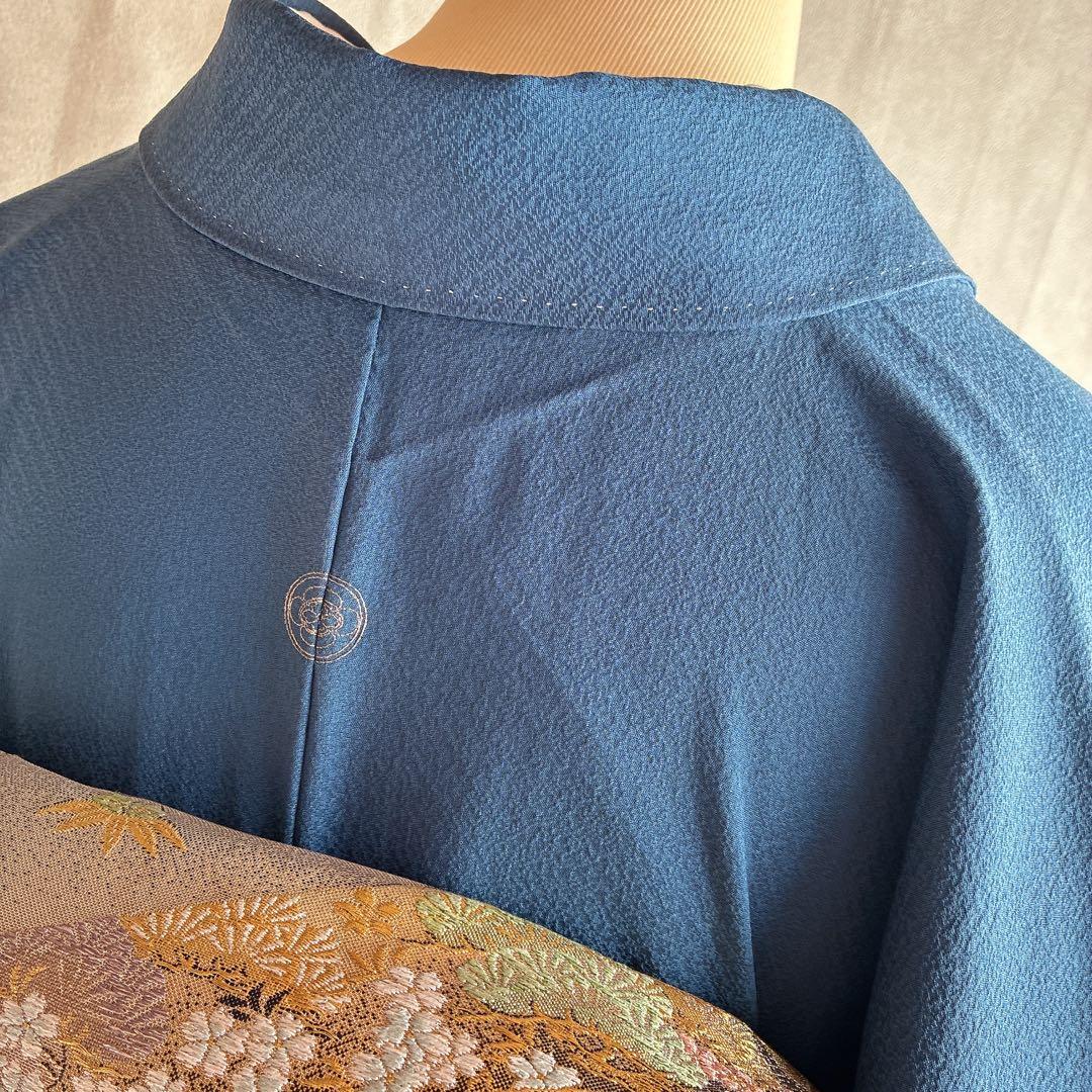 色無地　フルセット　着物　正絹　一つ紋　ブルー系　J9