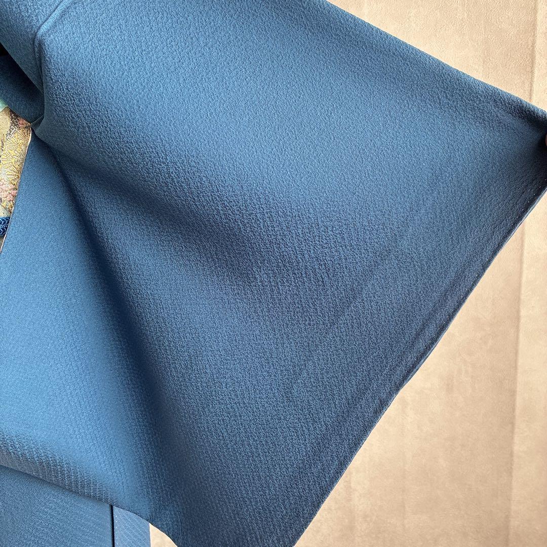 色無地　フルセット　着物　正絹　一つ紋　ブルー系　J9