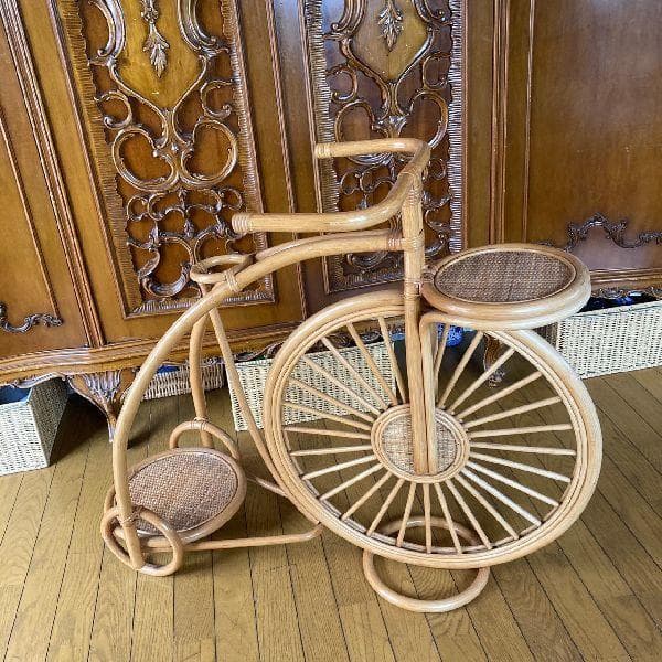 ヴィンテージ*古いラタンのペニー・ファージング型フラワースタンド飾り棚 自転車