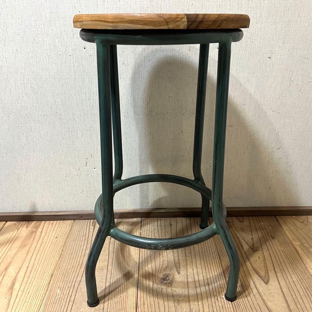 チーク材とアイアンのスツール 緑 ヴィンテージスタイル グリーン 木製座面 椅子
