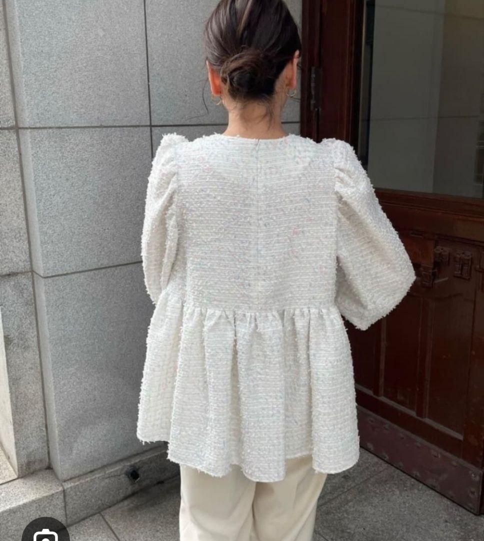 OHGA パターンブラウス　ミックスツイード　白　ツイード