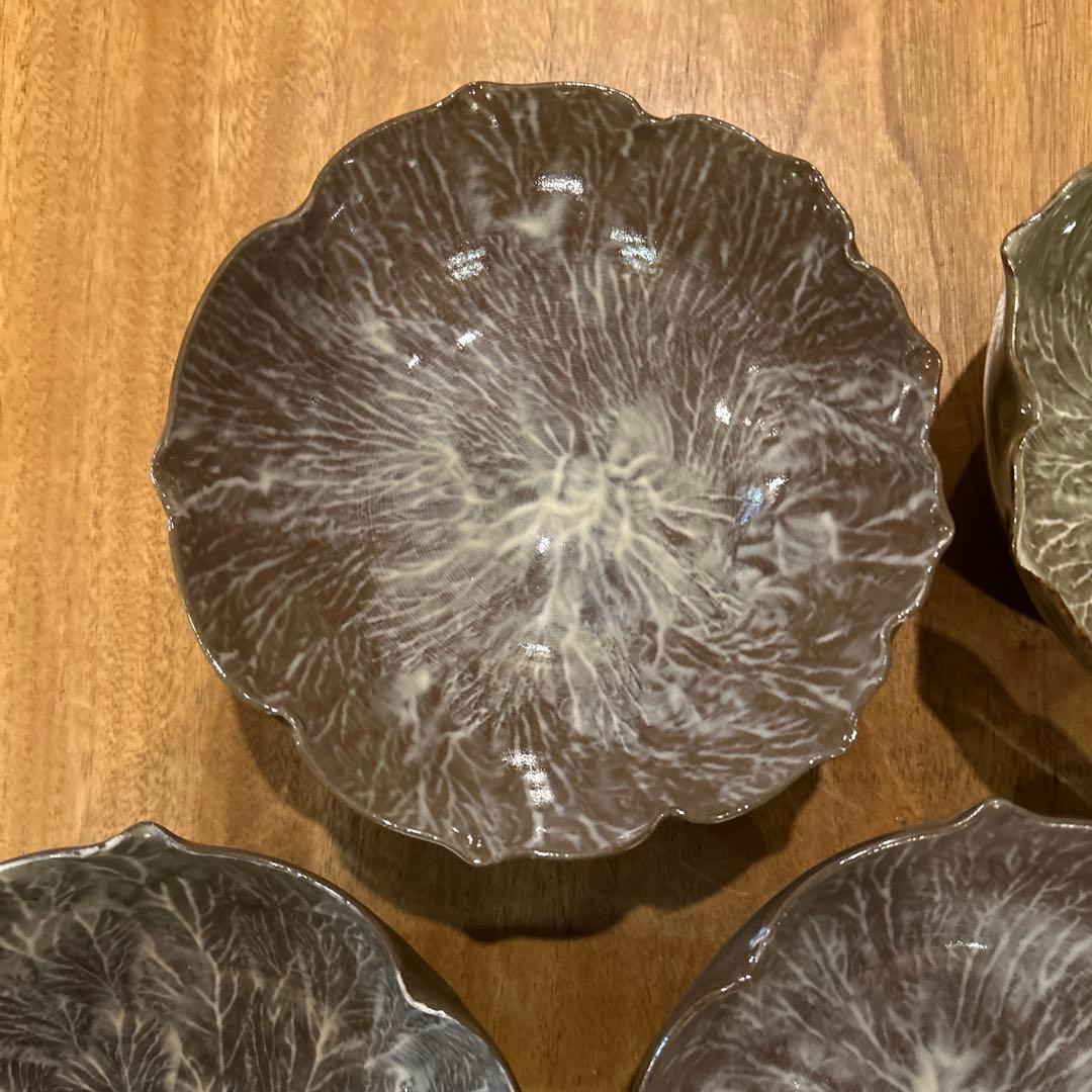 長崎　現川焼 十二代 横石臥牛宗雲作 刷毛目 花形鉢　五個　希少　二