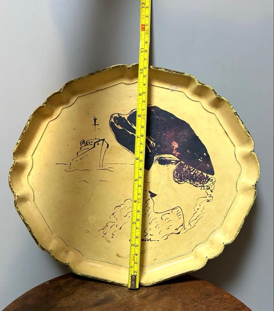 【shinobu】アンティークトレイ50年代　船と女性　金属製　横浜