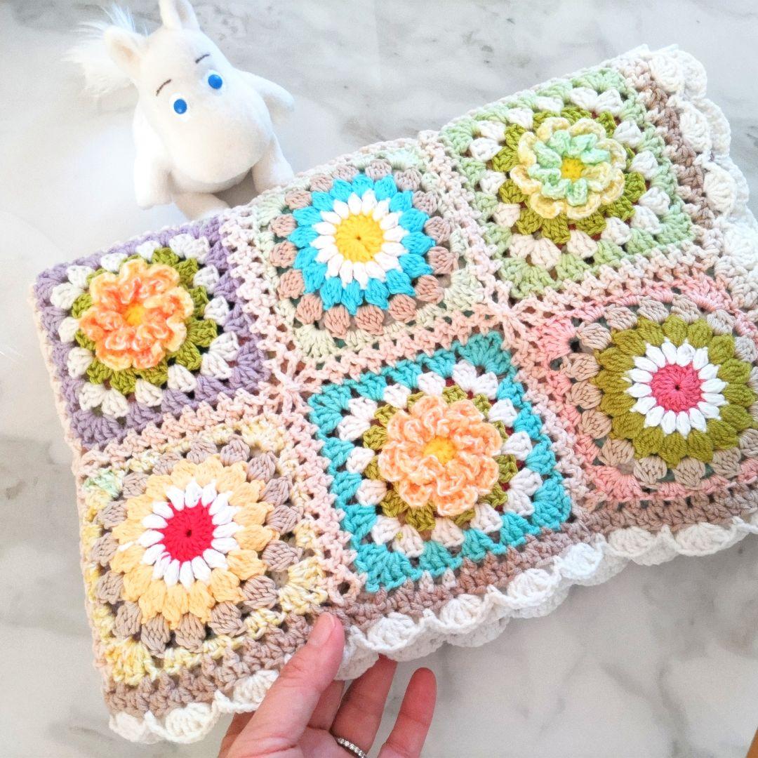 手編みブランケット★お花とおひさまグラニー★グラニースクエア★かぎ針編み