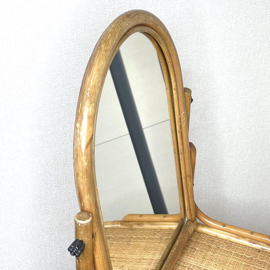 【良品】 ラタン ドレッサー 鏡台 化粧台 スツール付き 籐家具　古家具 レトロ